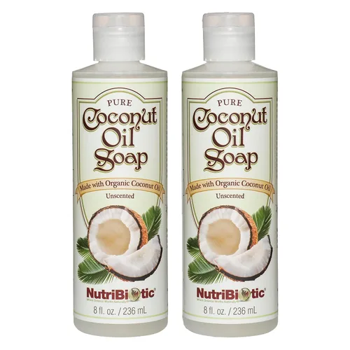 Vista 4 de NutriBiotic Jabón de aceite de coco puro, sin perfume, 8 onzas Certificado orgánico, sin refinar, biodegradable Vegano y fabricado sin OMG