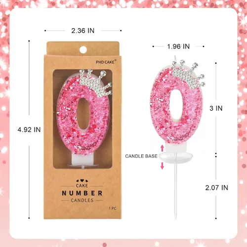 Vista 6 de PHD CAKE Velas con números de cumpleaños, velas de cumpleaños de corona rosa para pastel, velas con purpurina número 0 con lentejuelas para niñas