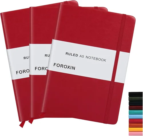 Vista 27 de Cuaderno rayado de tapa dura, tamaño A5, con forro de 8.3 x 5.7 pulgadas, papel grueso premium de 80 gsm (100 hojas/200 páginas). Tapa dura de piel
