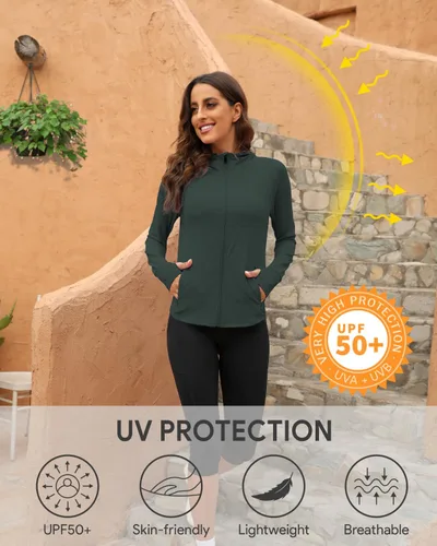 Vista 6 de We1Fit Chaqueta de protección solar UPF 50+ para mujer, sudadera con capucha para senderismo, correr, atlética