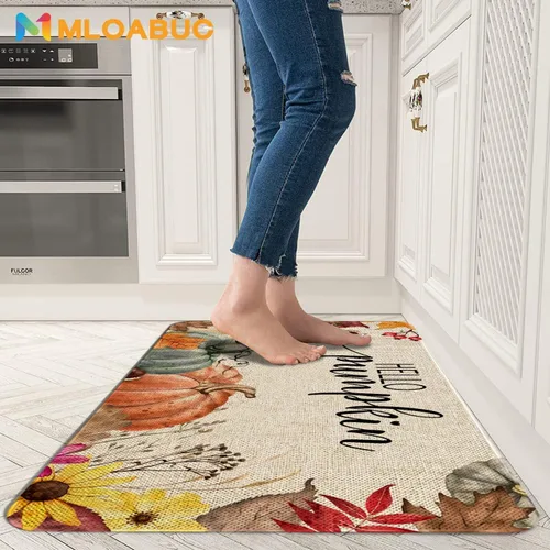 Vista 2 de Juego de 2 Tapetes de Cocina Hello Fall, Alfombra de Cocina de Calabaza de Acción de Gracias, Alfombra de Piso Decorativa Creativa de Vacaciones