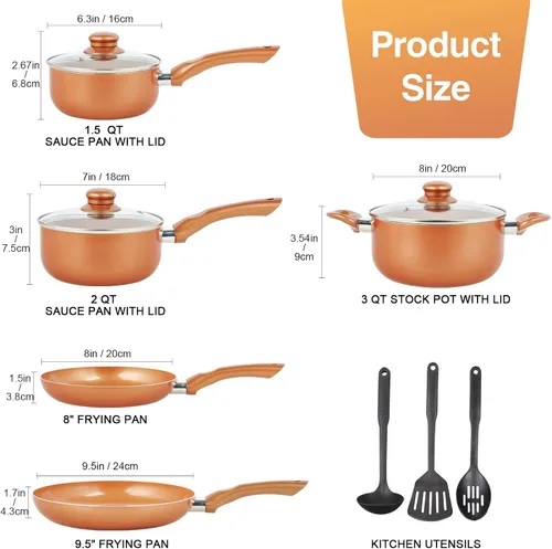 Vista 2 de M MELENTA Juego de ollas y sartenes ultra antiadherentes, preinstalados 11 piezas de utensilios de cocina de cobre con revestimiento de cerámica