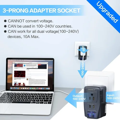 Vista 5 de Convertidor de voltaje de 2000 W de 220 V a 110 V, adaptador de viaje de 10 A con 2 puertos USB, convertidor de corriente para secador