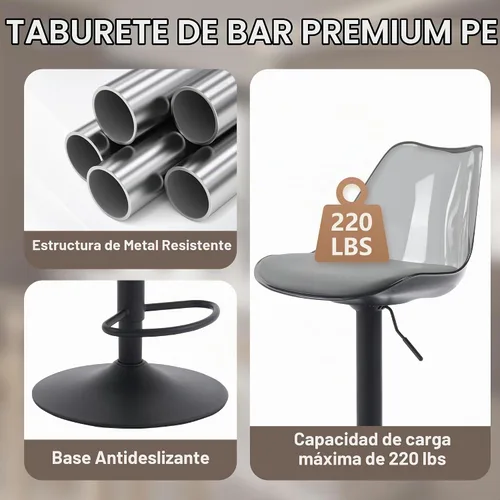 Vista 4 de Juego de 2 taburetes de bar transparentes, taburetes giratorios ajustables