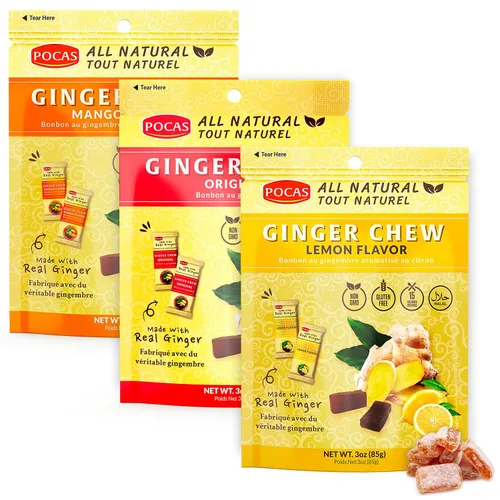 Vista 8 de Pocas Lemon Ginger Chews - Masticables de jengibre dulce y picante, bocadillos bajos en calorías envueltos individualmente, caramelo de jengibre