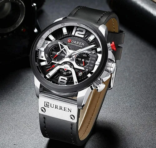 Vista 3 de HOLUNS Reloj de cuero para hombre, cronógrafo de función completa, impermeable, acero inoxidable, relojes de cuarzo negro, Negro -, Cronógrafo