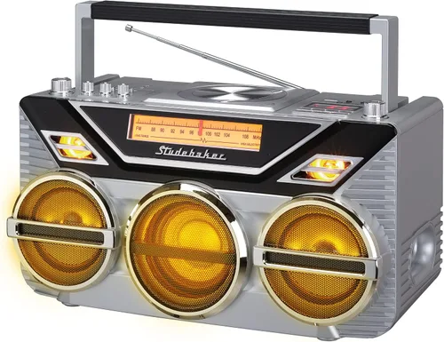 Vista 6 de Retro Studebaker Avanti Stereo Boombox con CD, radio estéreo FM, recepción y transmisión Bluetooth, espectáculo de luz LED y subwoofer de 15 W