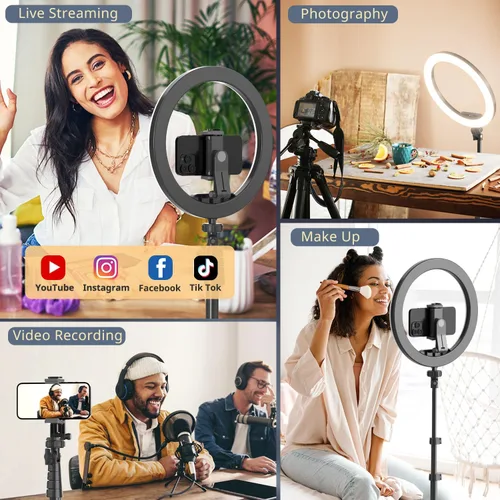 Vista 6 de UBeesize - Anillo de luz para selfies de 12" con soporte de trípode extensible de 62" y control remoto, luz LED circular con soporte para teléfono