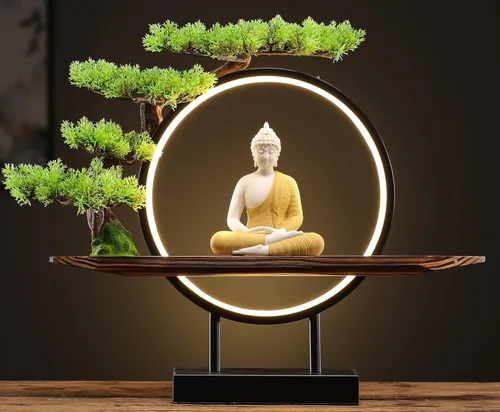 Vista 6 de Houlu Estatua de Buda verde con árbol artificial verde y lámpara de mesa circular LED, estatuas de Buda de cerámica para interiores para decoración