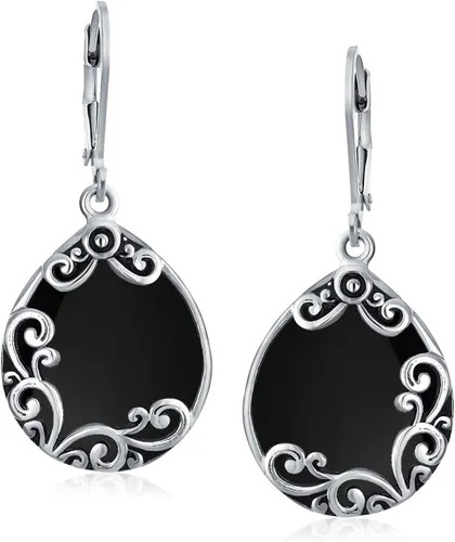 Vista 2 de Aretes colgantes de plata de ley 925 oxidados con diseño de filigrana y piedra natal del oeste de estilo bohemio con piedras natales semipreciosas