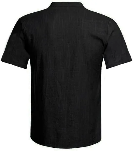 Vista 4 de Camisa Henley de algodón con textura de lino y algodón para hombre, ajustada, de manga corta, atlética, muscular, casual, hippie de playa