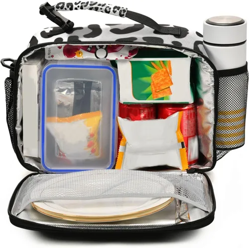 Vista 2 de Kcldeci Bolsa de almuerzo de colores grises con estampado de leopardo animal, bolsas de almuerzo aisladas, caja de almuerzo reutilizable, bolsa