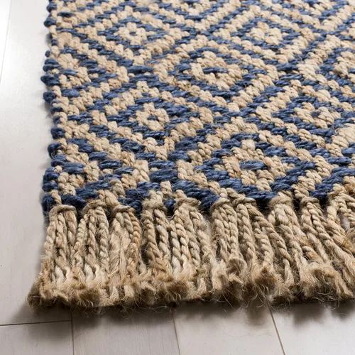 Vista 4 de SAFAVIEH Natural Fiber Collection - Alfombra decorativa, 2.3 x 4 pies, azul tropical y natural, yute bohemio con borlas de diamante, hecho a mano