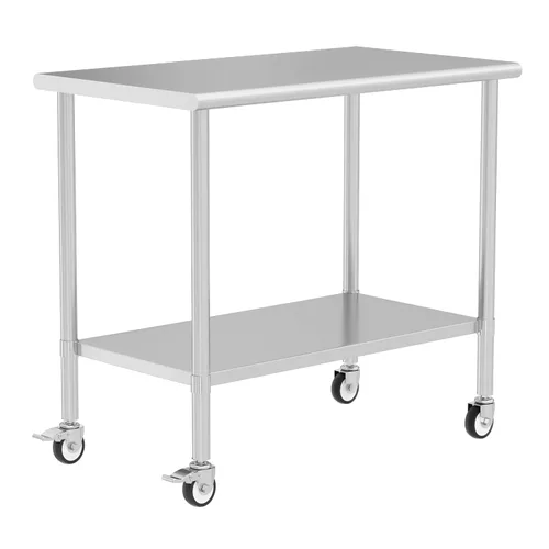 Vista 21 de Mesa de acero inoxidable con ruedas de 24 x 30 pulgadas, mesa de trabajo utilitaria con estante inferior ajustable para cocina comercial, garaje