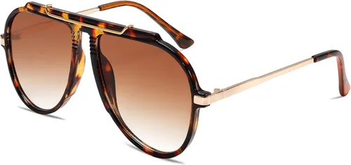 Vista 8 de Gafas de sol de aviador de gran tamaño para mujeres y hombres, estilo retro de los años 70, lentes de sol de metal dorado sin enredos, cuadrados