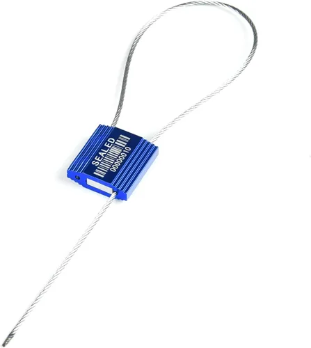 Vista 7 de 50 sellos de cable de alta seguridad azules con código de barras - Etiquetas autoblocantes numeradas de acero antimanipulación para envío