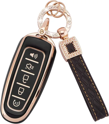 Vista 14 de EKALA Funda para llave Ford con cordón de cuero, funda de llavero de TPU suave para Ford F150 F250 F350 Escape Explorer Expedition Ranger, Lincoln