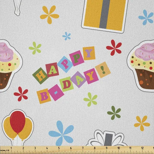 Vista 173 de Lunarable - Tela de café por yarda, tazas de café para llevar y dulces, diseño de cupcakes de cereza y croissant, cultura del desayuno americano