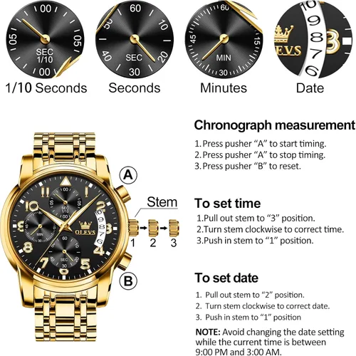 Vista 6 de OLEVS Reloj cronógrafo para hombre, esfera grande, multifuncional, fácil de leer, de acero inoxidable, analógico, de cuarzo, con fecha, de lujo