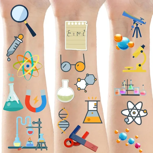 Vista 2 de 370 piezas de calcomanías temporales para fiesta de ciencia, futuro, científico loco, ciencias naturales, artes, fiestas de cumpleaños, decoraciones