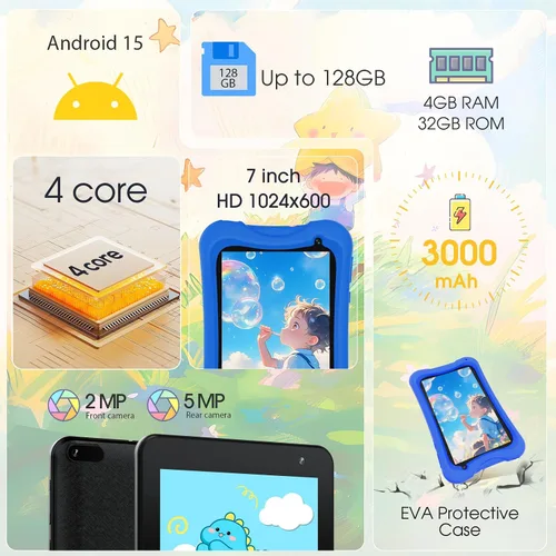 Vista 2 de DigiLand Tablet para niños de 7 pulgadas, Android 15 tabletas con funda protectora, 4 GB de RAM+32 GB de ROM, pantalla IPS de 1024 x 600, cámara