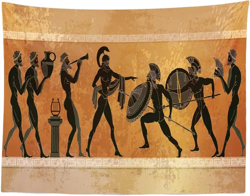Vista 5 de Telón de fondo de tela de 5 x 3 pies, fondo de guerrero de la antigua Grecia antigua, mitología griega, figura negra, figuras de guerreros