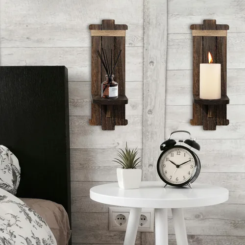 Vista 6 de Candelabros de madera de granja, 2 portavelas rústicos para montaje en pared para sala de estar, dormitorio, baño, pasillo, decoración de pared