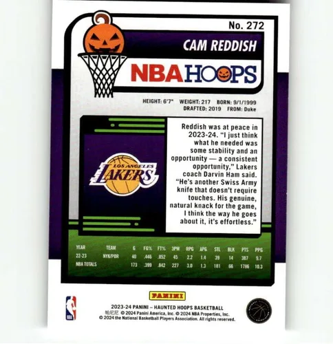 Vista 2 de 2023-24 Hoops Haunted #272 Cam Reddish Los Angeles Lakers NBA Basketball Base Trading Card