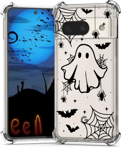 Vista 46 de Funda de Halloween para Google Pixel 6A transparente con diseños de murciélagos fantasmas, funda para teléfono para niñas, elegante, delgada, a