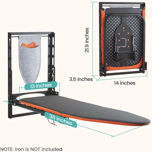 Vista 7 de Seiritex Tabla de planchar montada en la pared con soporte para plancha, 36 x 13 pulgadas, tabla de planchar plegable de montaje compacto