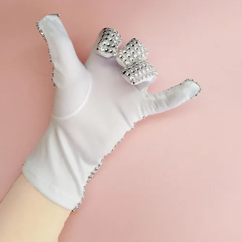 Vista 4 de Guantes de diamantes de imitación para niños brillantes Michael Punk Billie Jean con lentejuelas y una insignia de Jackson