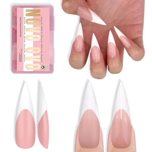 Vista 22 de NOVO OVO - Puntas de uñas postizas largas XL, puntiagudas, de tacón aguja, autoadhesivas, extra largas, gruesas, de gel suave, doble mate