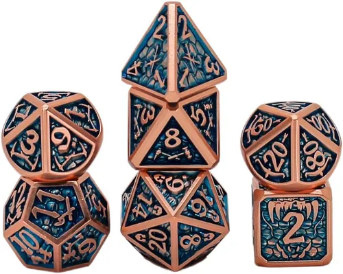 Vista 20 de Juego de dados de metal con escamas de dragón en color negro con caja de exhibición, perfecto para juegos, equilibrio adecuado y distribución