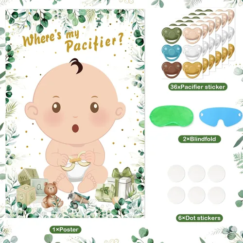 Vista 3 de Hxezoc Juegos de baby shower Pin The Chupete en el juego del bebé con 36 calcomanías para chupete, juegos de póster de bebé verde grande para fiesta
