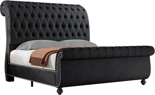 Vista 8 de Jocisland - Base de cama estilo carruaje tamaño Queen, cama de plataforma tapizada en terciopelo con cabecero y pie de cama con estampado de scroll