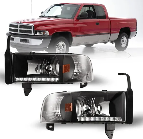 Vista 6 de ROXX DRL Headlight Assembly Compatible with 1994-2001 Dodge Ram 1500 Carcasa negra con DRL Led