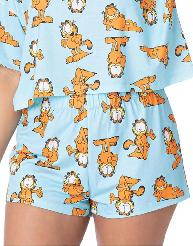 Vista 6 de Garfield Pijama para mujer Camiseta corta para mujer adulta con pantalones cortos y pantalones cortos, pijama azul con estampado de gato de dibujos
