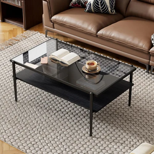 Vista 3 de Mesa auxiliar de cristal, mesa de centro de mediados de siglo de 2 niveles con parte superior de vidrio templado gris y estante de almacenamiento