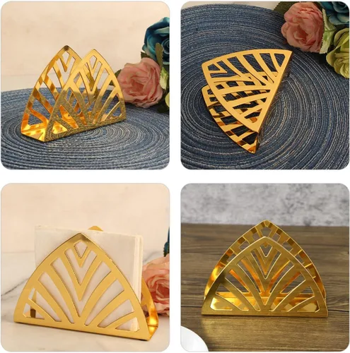 Vista 3 de Metal Napkin Holder Stand, Gold Triangular Tissue Dispenser for Restaurant and Home Table, Iron Art Hollow Design Napkin Storage Rack for Kitchen
