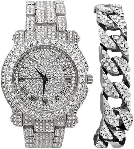 Vista 18 de Charles Raymond Reloj redondo de lujo para hombre totalmente incrustado con brillantes en plata con pulsera Bling-ed Out - L0504B