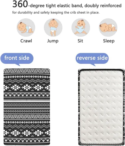 Vista 5 de Sábanas bajeras ajustables para cuna pequeña con temática azteca, sábana portátil para cuna para niño o niña, 24 x 38 pulgadas, color blanco y negro