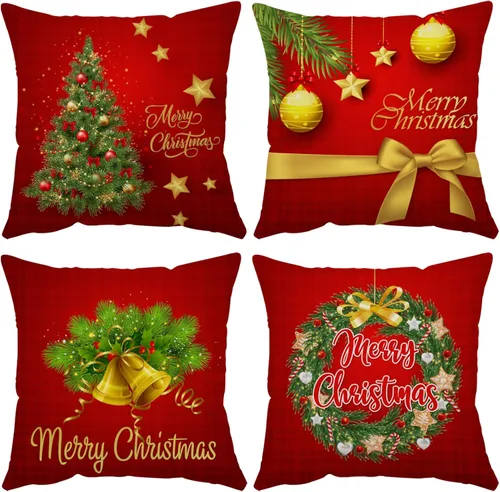 Vista 25 de Juego de 4 fundas de almohada de Navidad de 12 x 12 pulgadas, fundas de almohada de terciopelo de Navidad, fundas de almohada doradas y rojas