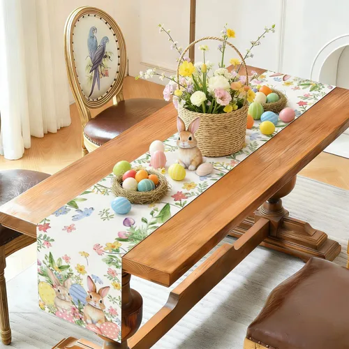 Vista 2 de Baccessor Camino de mesa largo de Pascua de 13 x 72 pulgadas, huevos de conejo, colorido camino floral para mesa, conejos de primavera, Pascua