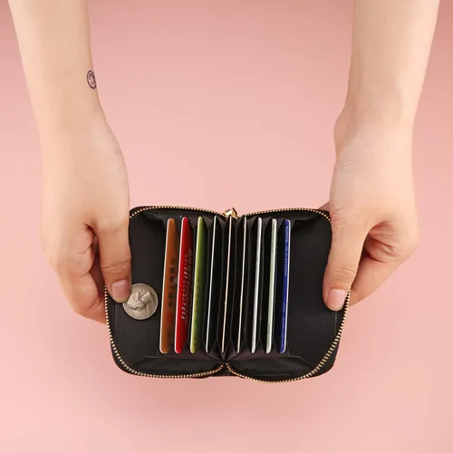 Vista 7 de AsAlways Funda con cremallera multicapa con diamantes de imitación RFID, cartera pequeña delgada para mujer, Rosado, Moderno