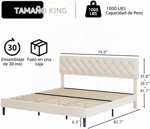 Vista 2 de BarnFurin Base de cama tamaño King, plataforma tapizada con cabecera capitoné con botones, marco de cama de tela con soporte de listones de madera