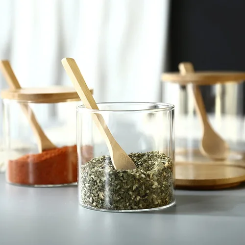Vista 7 de Tarro de vidrio transparente de 10.1 fl oz/10 onzas con tapa de bambú y cuchara de madera, lindo recipiente de almacenamiento de sal de baño