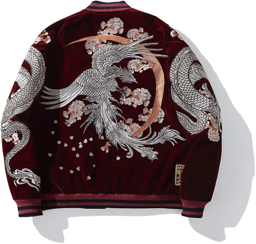 Vista 3 de Chaqueta de béisbol para hombre con bordado de dragón Hip Hop