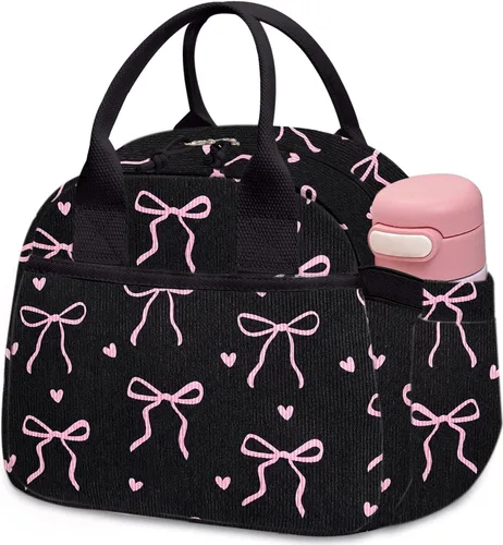Vista 24 de Carry bloom Lonchera para mujer, lonchera aislada, bonita lonchera de pana reutilizable para el trabajo (1 rayas blancas y negras)