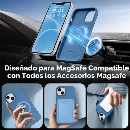 Vista 4 de GONEZ Funda magnética para iPhone 14, compatible con Magsafe, con protector de pantalla + protector de cámara, forro de microfibra antiarañazos Azul
