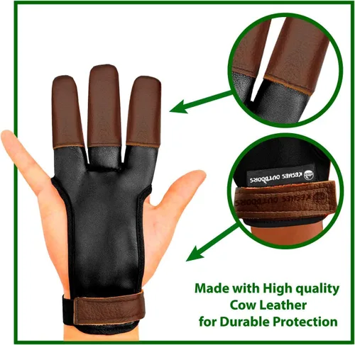 Vista 5 de Guante de tiro con arco – Lengüeta de tres dedos con protector de dedo de cuero duradero para arcos recurvos y largos – Protector cómodo